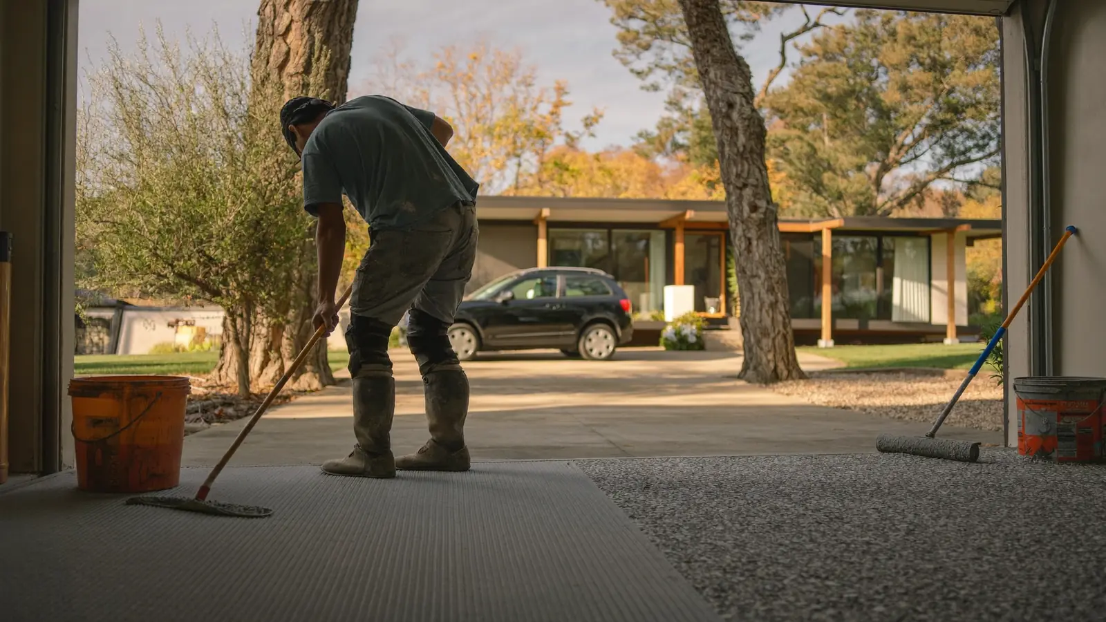 Installer squeegeeing gray epoxy base coat across a garage floor next to a finished flake section