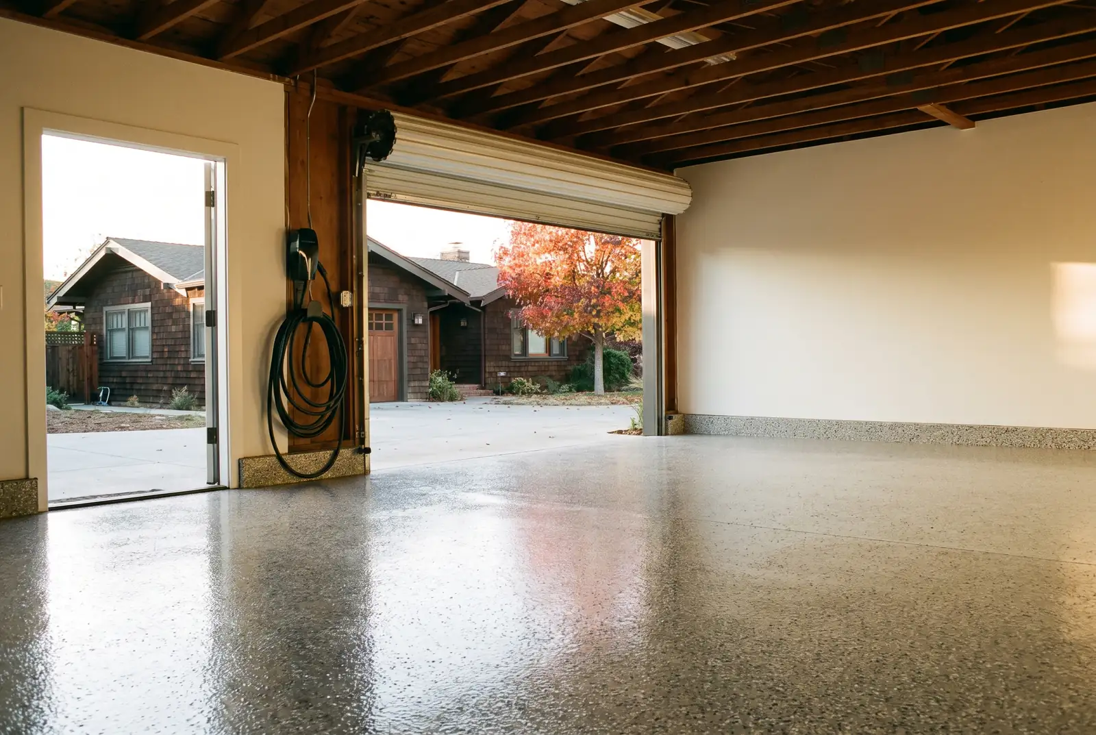 Gray flake epoxy floor in a detached garage with the roll-up door open