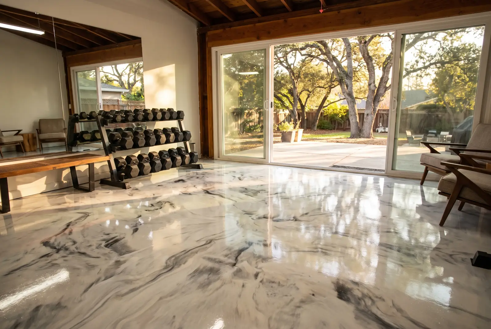 Pearl and charcoal metallic epoxy floor in a garage home gym